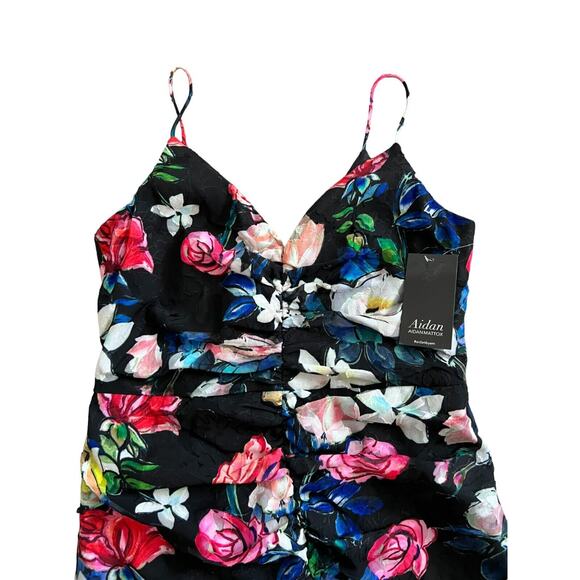 Aidan Mattox Womens Dress Black 6 Floral Cocktail Ruched Ruffle High Low - Picture 5 of 10